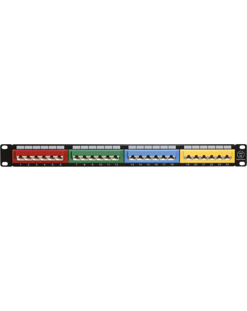 Wall-mount 19-inch CAT5e Patch Panel – 24 Ports Colored 1U